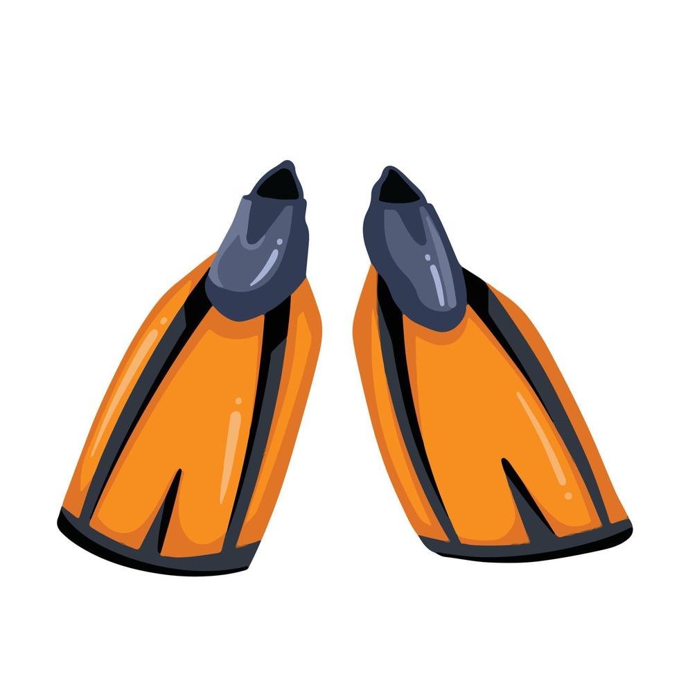 Orange diving shoes flippers for swimming and diving sport activity vector illustration isolated on white background. Front view sport equipment with cartoon simple flat colored art style.