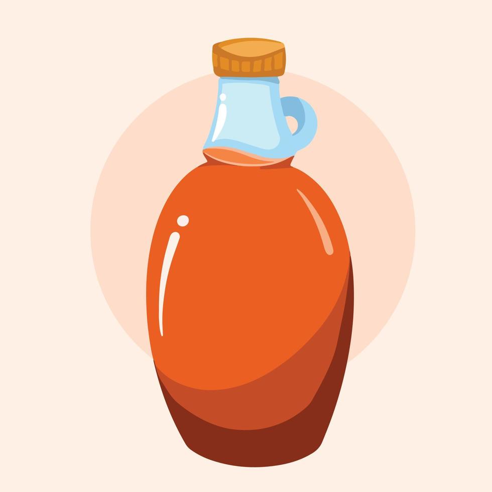 Maple syrup in classic old vintage shaped glass bottle vector illustration isolated on plain light cream background. Cartoon art styled food drawing with simple flat colors.