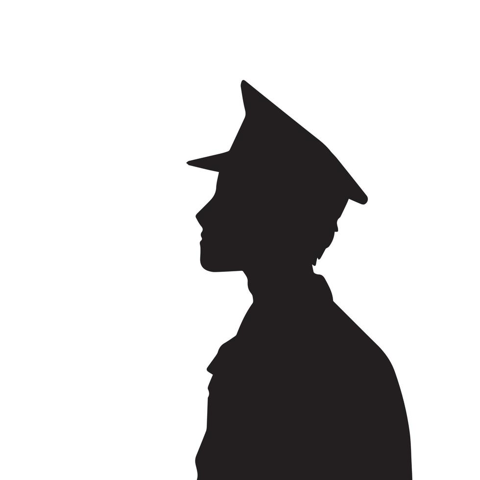 Young police man officer from side view vector icon silhouette isolated on plain white background. Simple flat monochrome drawing.