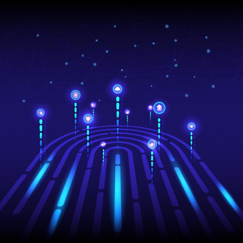 Perspective corner fingerprint, technology style, there is a signal tower, the top has an icon, the symbol is illuminated, there is a wireframe on the back. on a gradient background vector