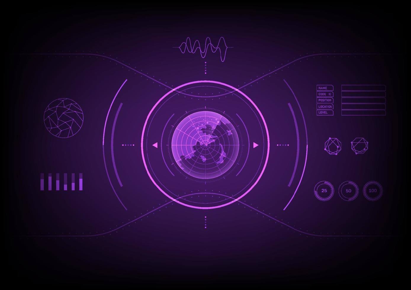 Hi-tech radar-scanning screen that glows There is a circle on the outside. has a curve with a point There is an energy scale, there is a graph, the background is gradient, purple. vector