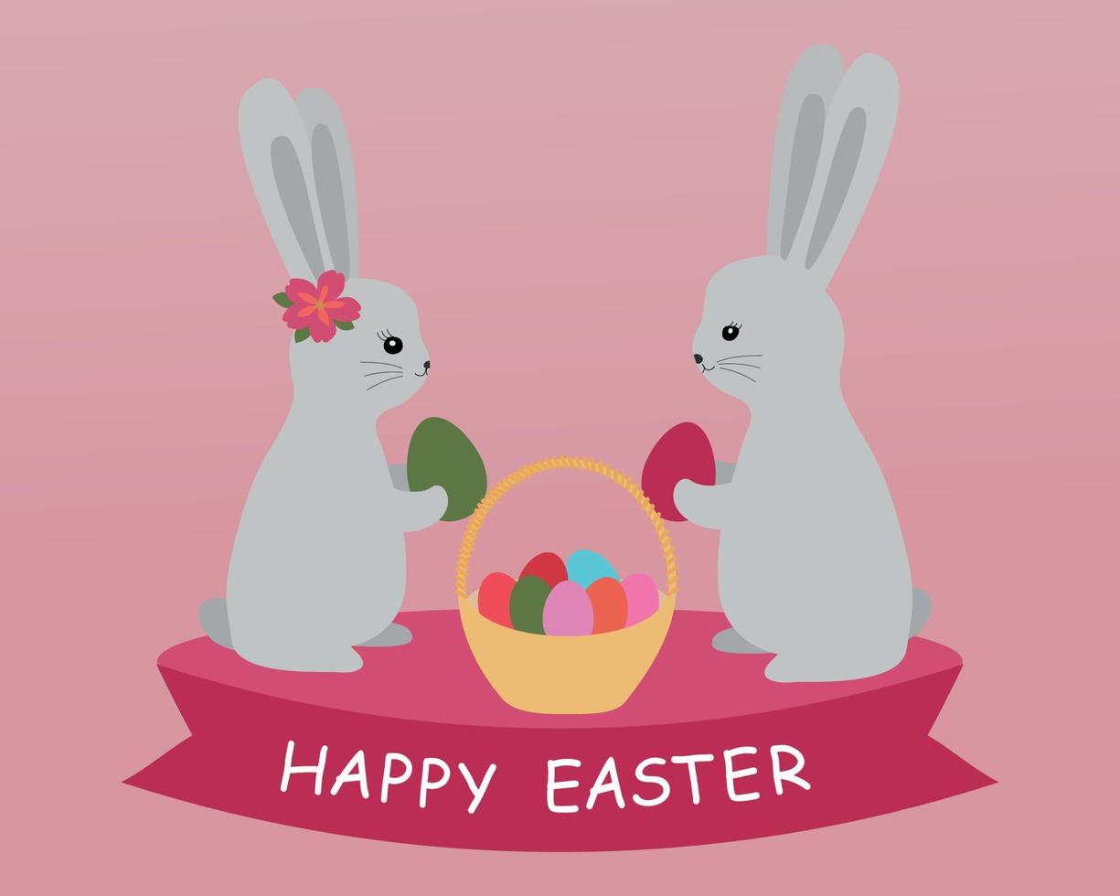 Happy easter card. Illustration with cute bunnies and eggs. Vector illustration isolated on pink background.