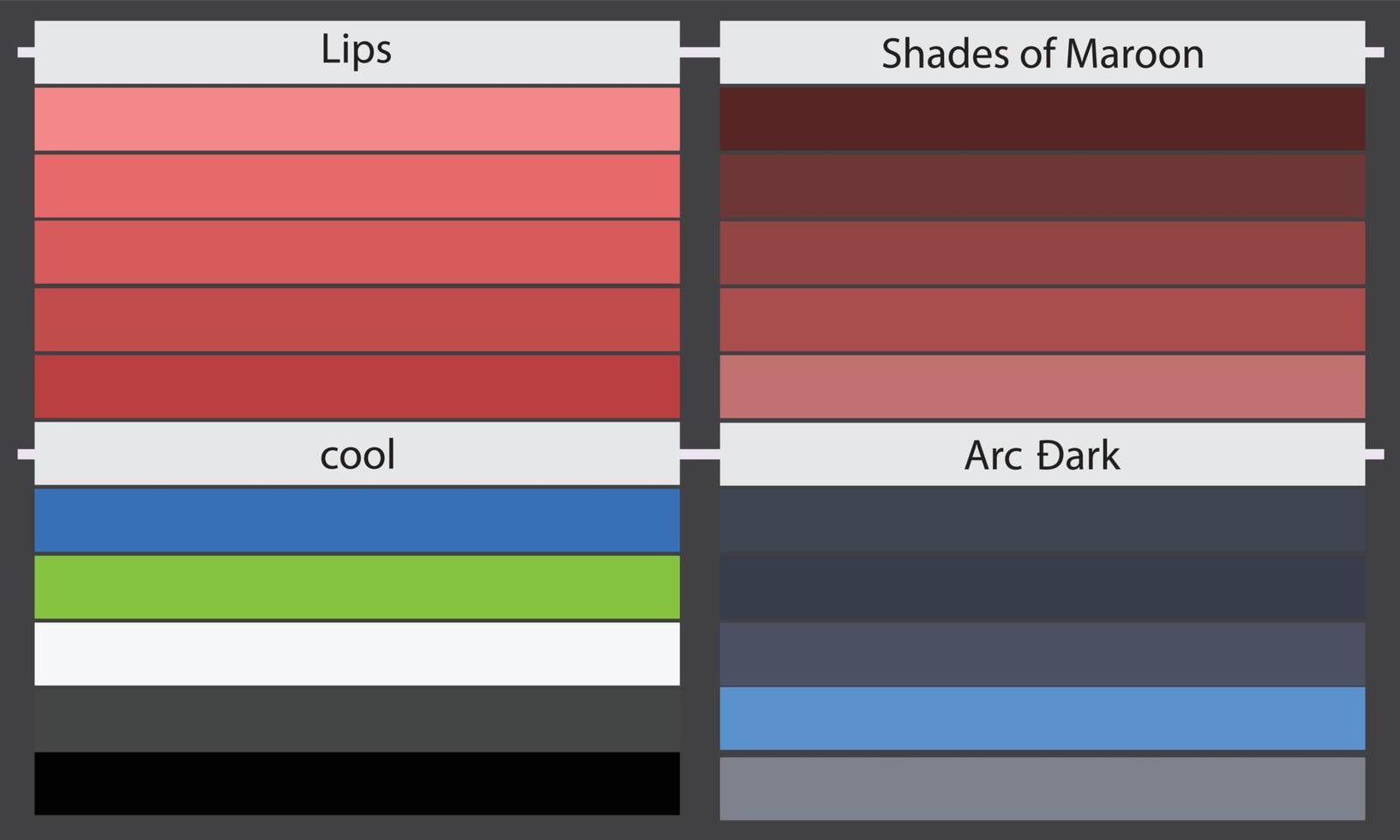 paletas de colores una paleta de colores es un conjunto de colores utilizados en un diseño o proyecto visual. estos colores se eligen cuidadosamente para crear un diseño cohesivo y visualmente atractivo. vector