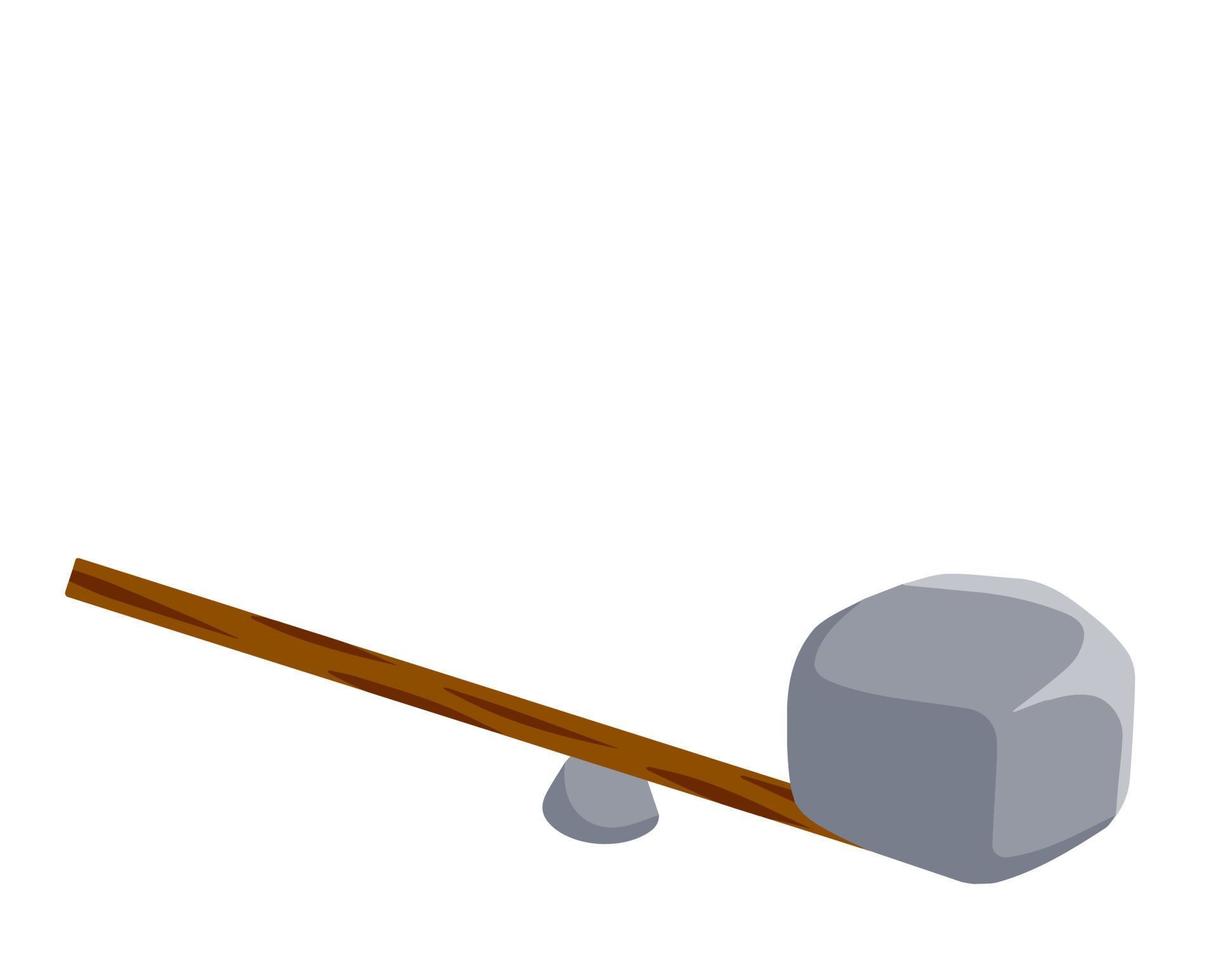 Lever of stick with stone. Lifting heavy cobblestone. Moving the boulder. Balancing and leverage. Flat cartoon vector