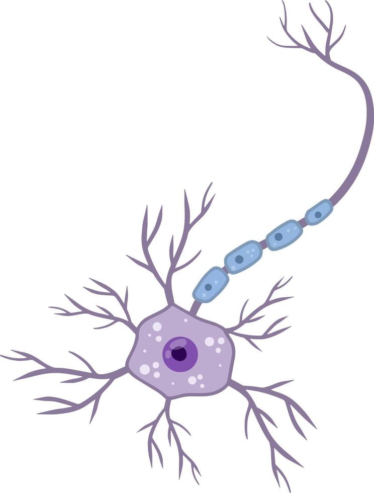 Blue neuron cell. Brain activity and dendrites. Membrane and the nucleus. Scientific cartoon illustration. Microbiology and mind vector