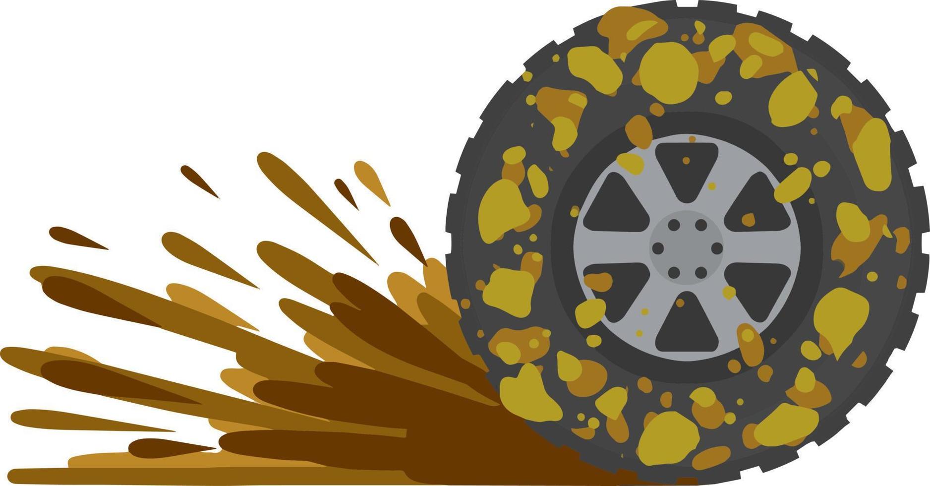 rueda sucia del camión. conducción todoterreno. tierra en el neumático. símbolo de lavado de autos. basura y suciedad. ilustración plana de dibujos animados vector