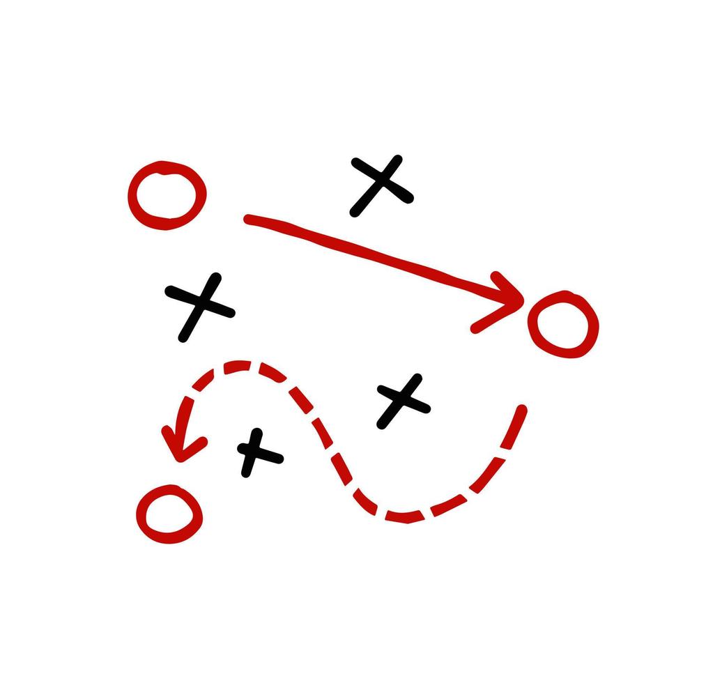 táctica y estrategia deportiva. esquema de movimiento del jugador del equipo. combinación de cruces y círculos con flechas de ruta. instrucciones de bola de lanzamiento. vector