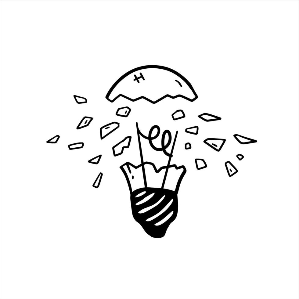 bombilla reventada. grieta en la bombilla. dibujar fragmentos de vidrio. concepto de idea y solución del problema. garabato dibujado luz eléctrica. vector