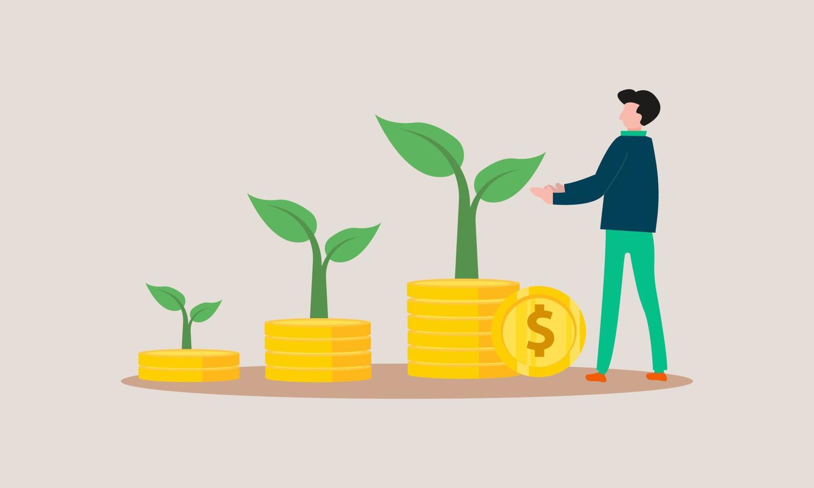 vector illustration of  Financial or investment growth, increase earning profit and capital gain, success in wealth management concept,caring for money-producing plants, earning, gold coins, income.