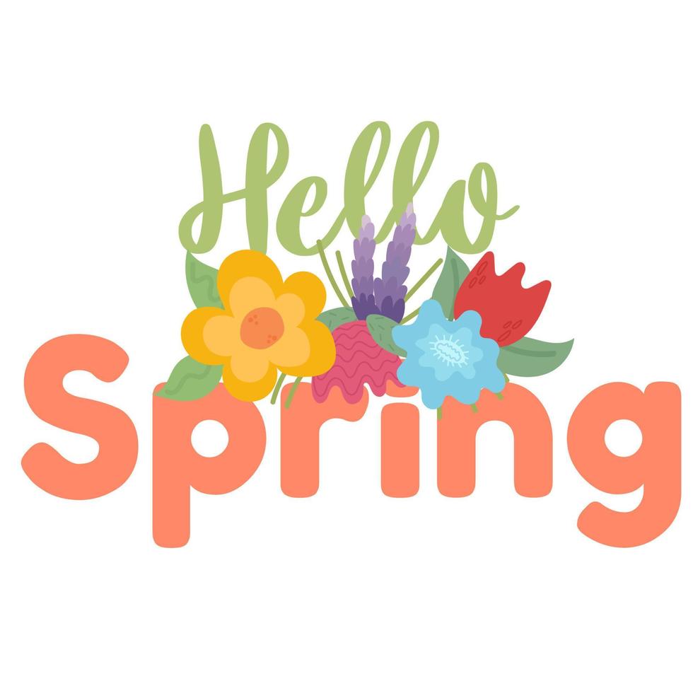 hola spring.vector hola letras de primavera con flores vector