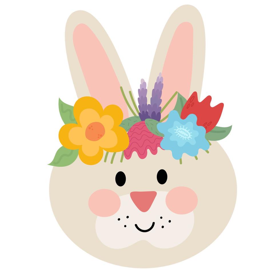 Spring cute bunny with wreath of flower. Hello spring rabbit.Hand draw vector