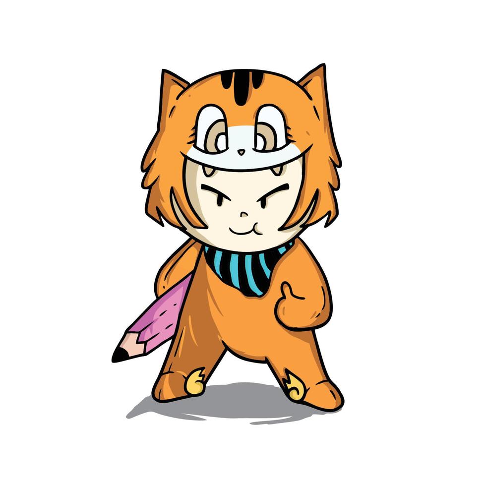 orange cat girl with pink pencil vector