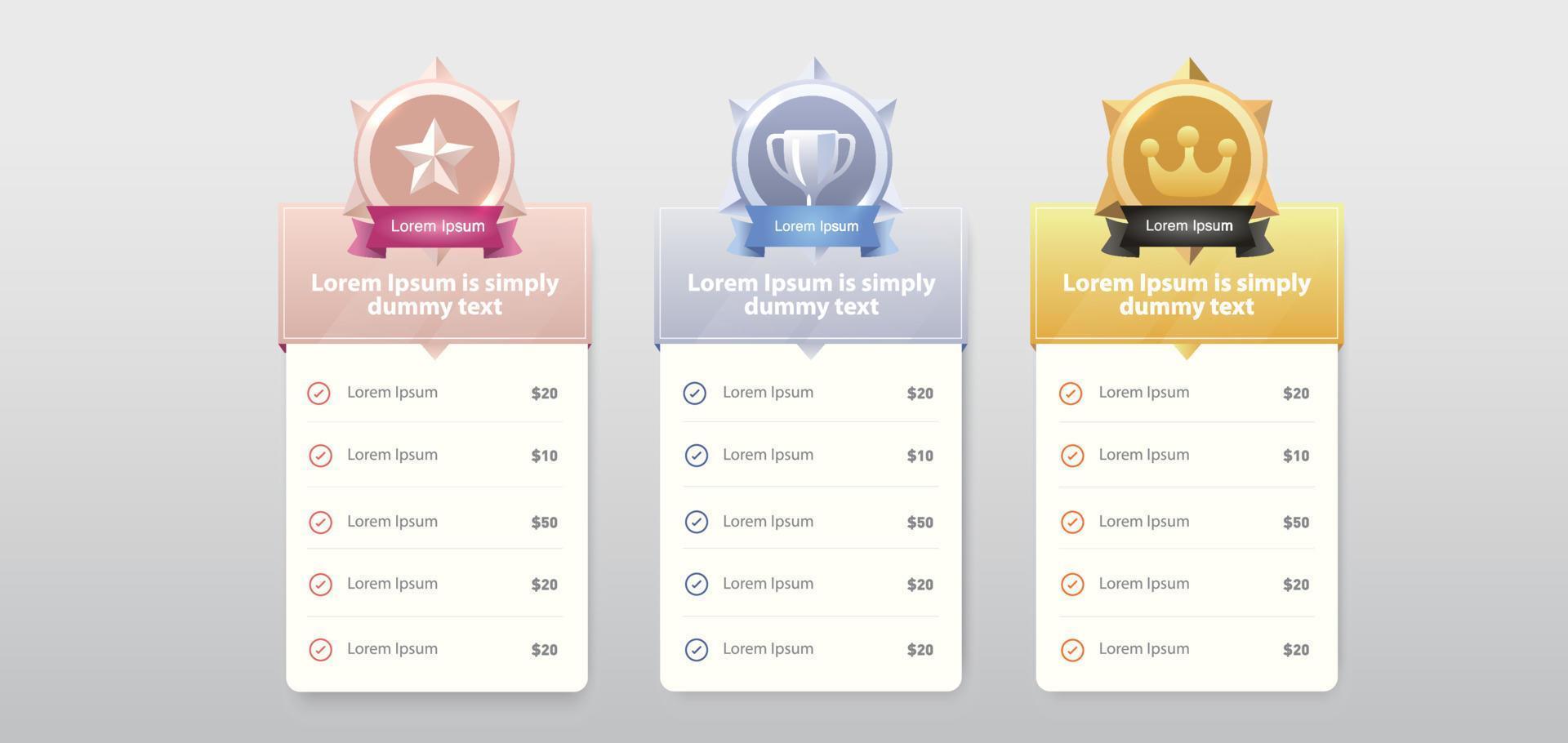 Gold, silver and bronze medals.award medals icons with form or list vector set