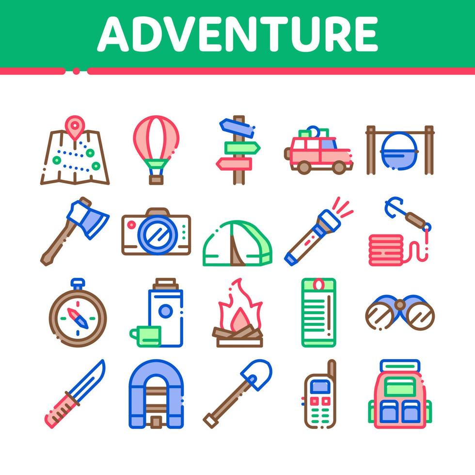 conjunto de iconos de elementos de colección de aventura vector