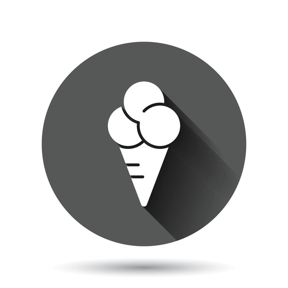 Ice cream icon in flat style. Sundae vector illustration on black round background with long shadow effect. Sorbet dessert circle button business concept.