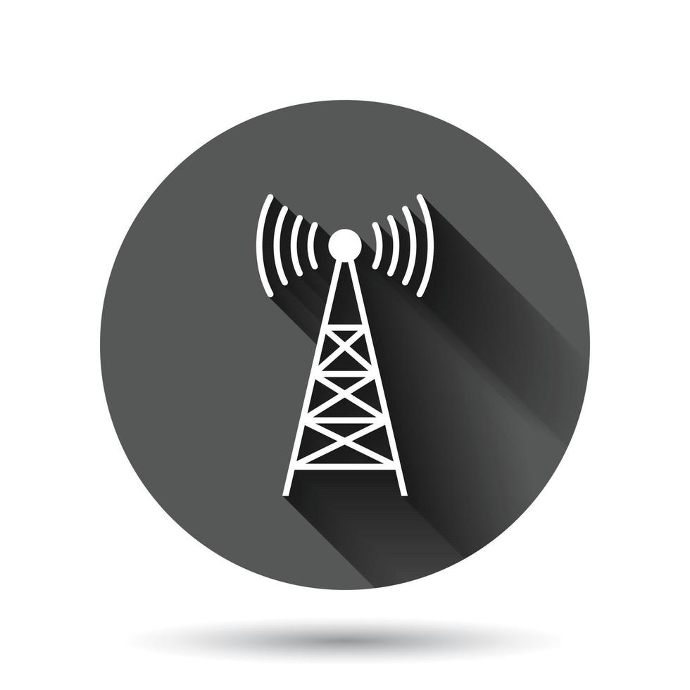 Antenna tower icon in flat style. Broadcasting vector illustration on black round background with long shadow effect. Wifi circle button business concept.