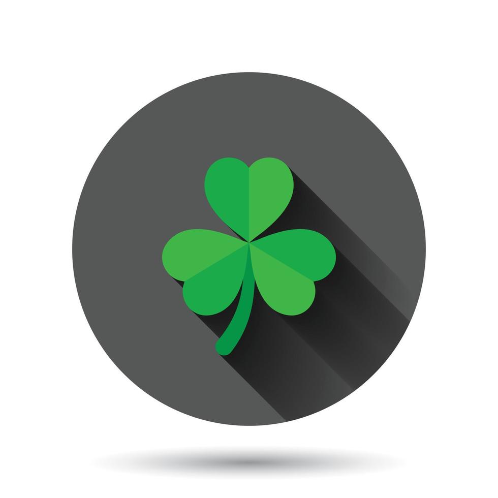 Four leaf clover icon in flat style. St Patricks Day vector illustration on black round background with long shadow effect. Flower shape circle button business concept.