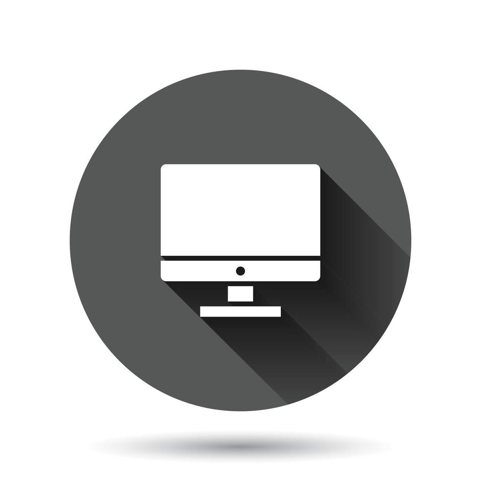 Computer monitor icon. Vector illustration on black round background with long shadow effect. Business concept tv monitor circle button pictogram.