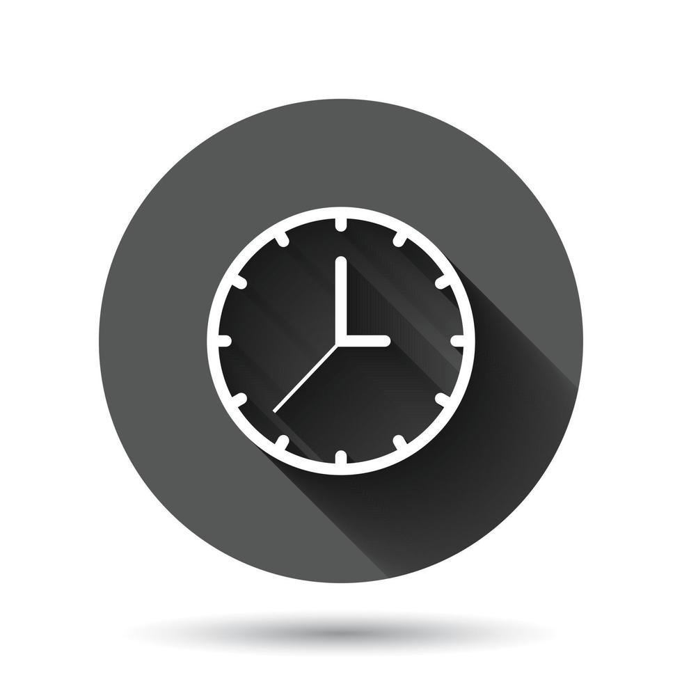 Clock icon in flat style. Watch vector illustration on black round background with long shadow effect. Timer circle button business concept.