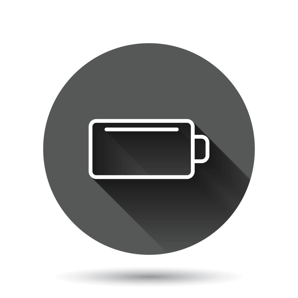 Battery charge icon in flat style. Power level vector illustration on black round background with long shadow effect. Lithium accumulator circle button business concept.