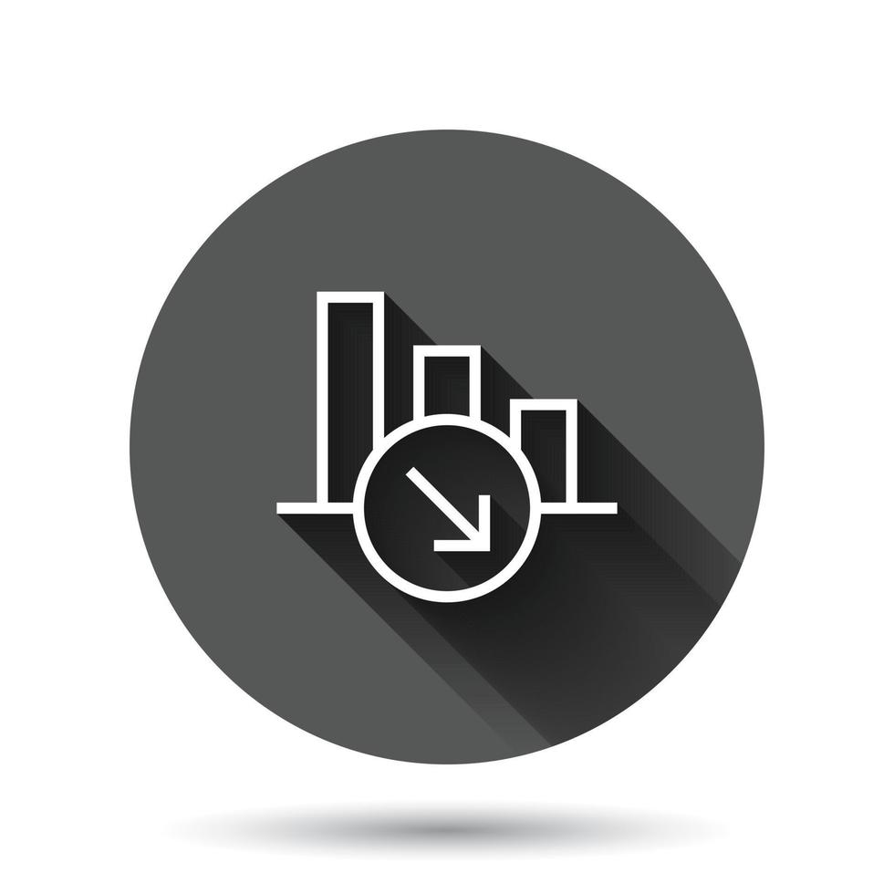 Market trend icon in flat style. Decline arrow with magnifier vector illustration on black round background with long shadow effect. Decrease circle button business concept.