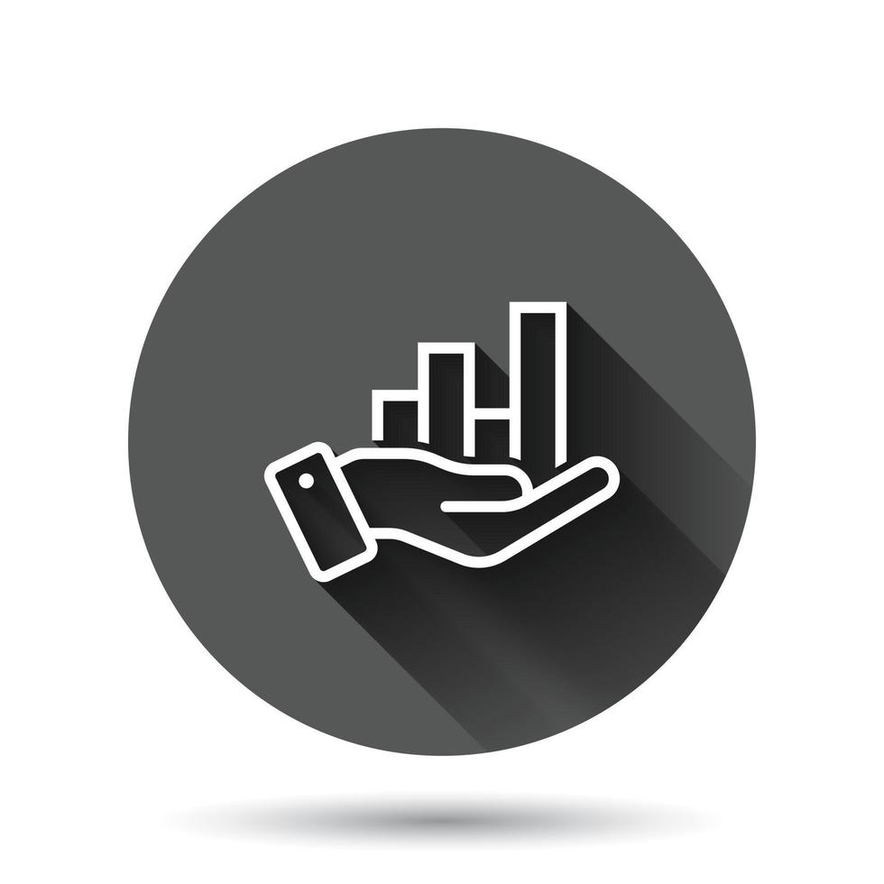 Growth revenue icon in flat style. Diagram with hand vector illustration on black round background with long shadow effect. Finance increase  circle button business concept.