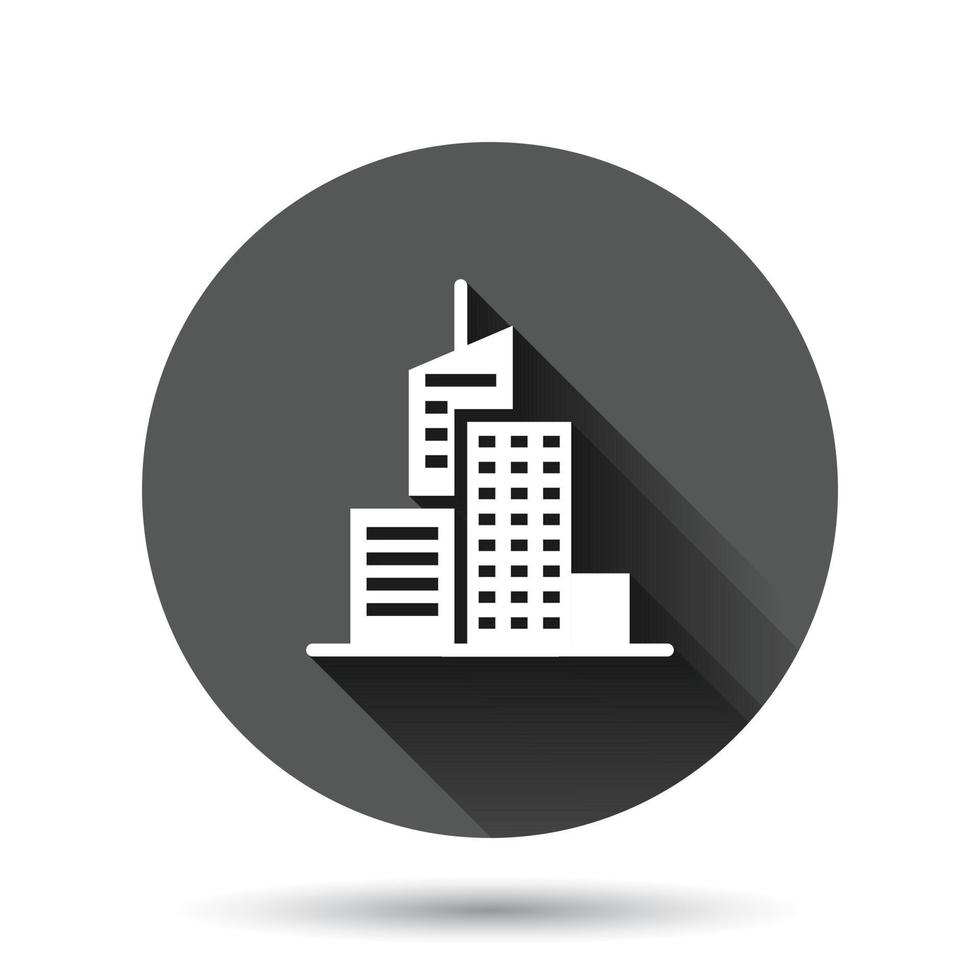 Building icon in flat style. Town skyscraper apartment vector illustration on black round background with long shadow effect. City tower circle button business concept.