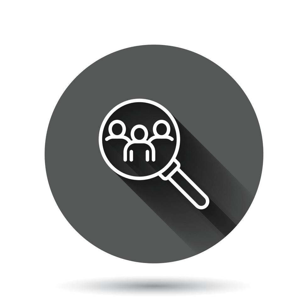 Search job vacancy icon in flat style. Loupe career vector illustration on black round background with long shadow effect. Find people employer circle button business concept.