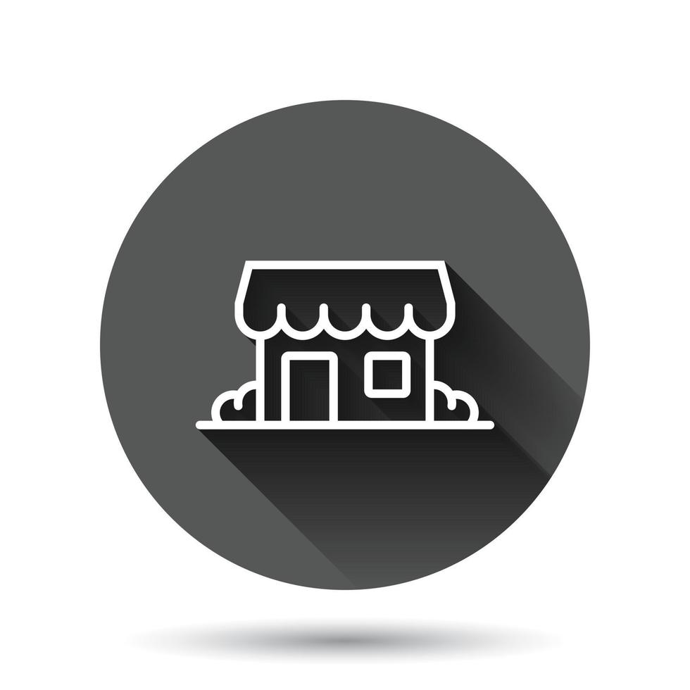 Building icon in flat style. Home vector illustration on black round background with long shadow effect. House circle button business concept.