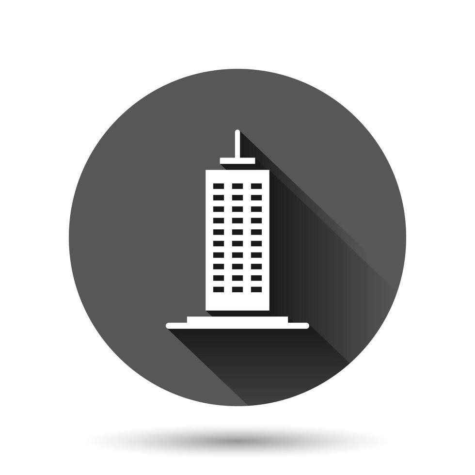 Building icon in flat style. Town skyscraper apartment vector illustration on black round background with long shadow effect. City tower circle button business concept.