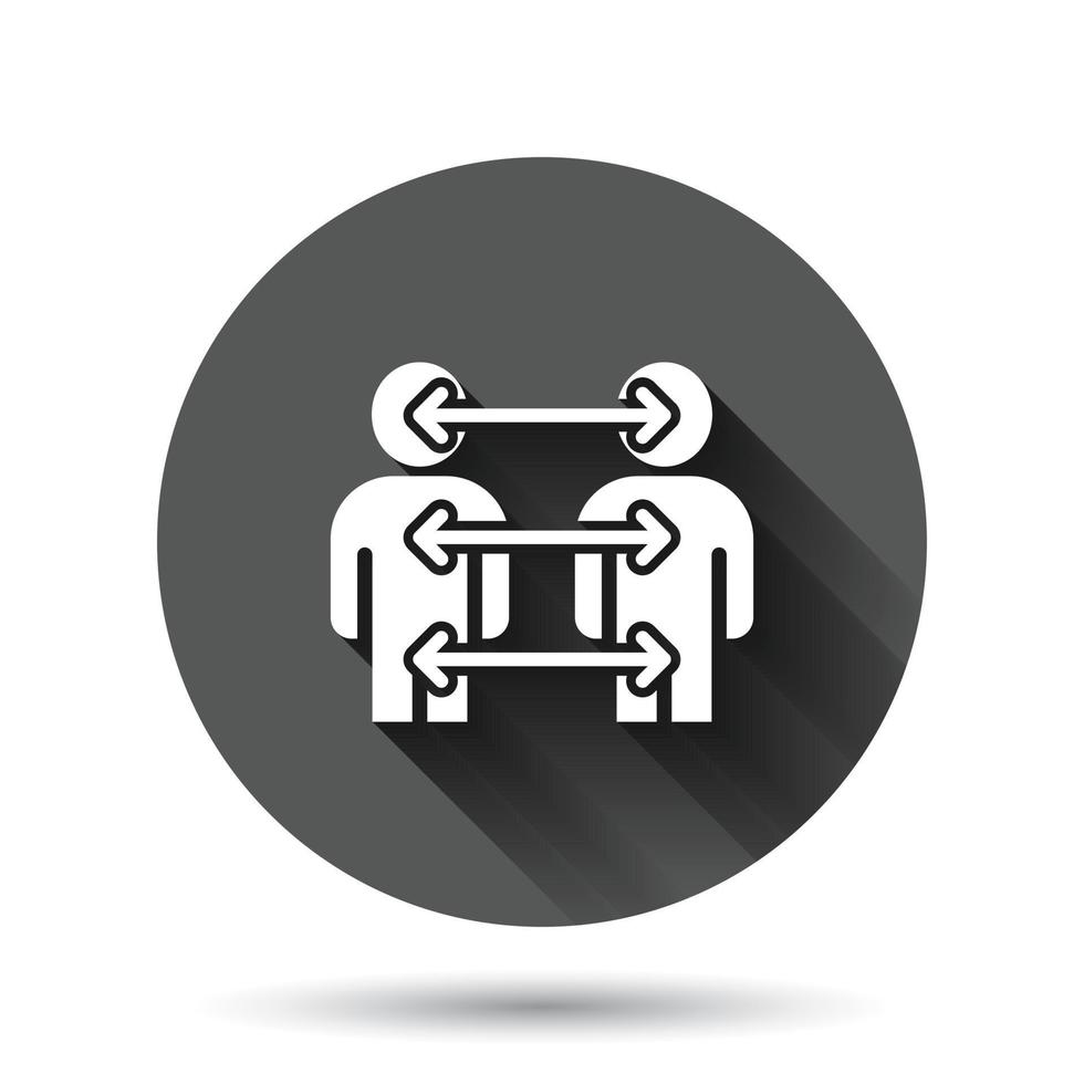 People referral icon in flat style. Business communication vector illustration on black round background with long shadow effect. Reference teamwork circle button business concept.