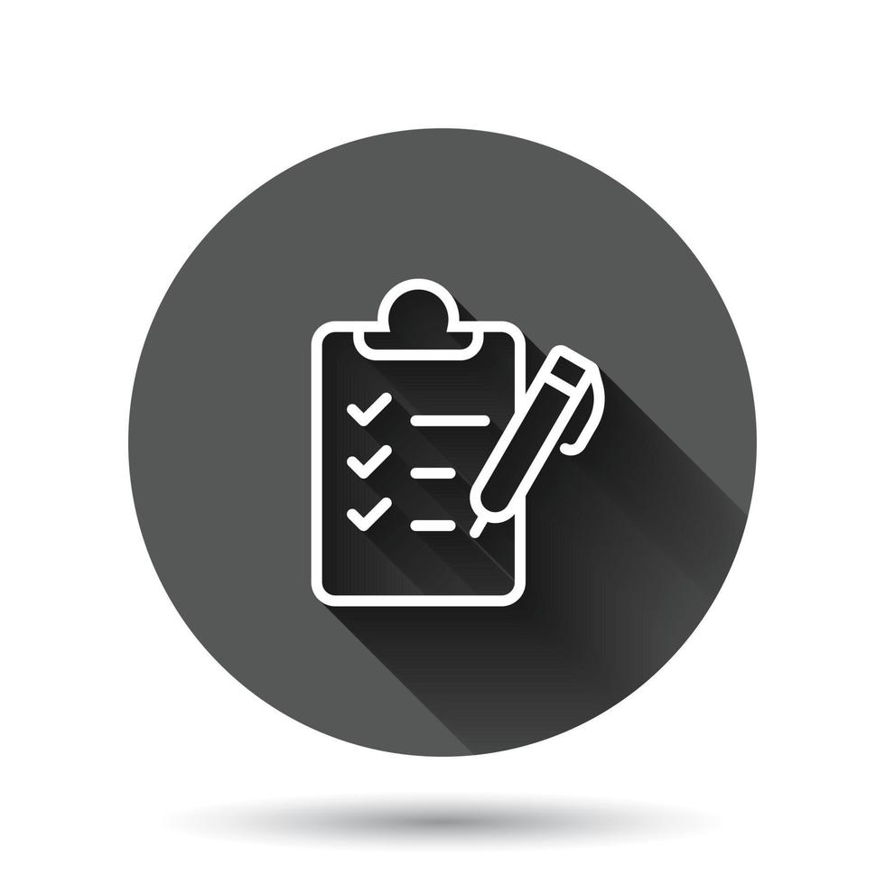 To do list icon in flat style. Document checklist vector illustration on black round background with long shadow effect. Notepad check mark circle button business concept.