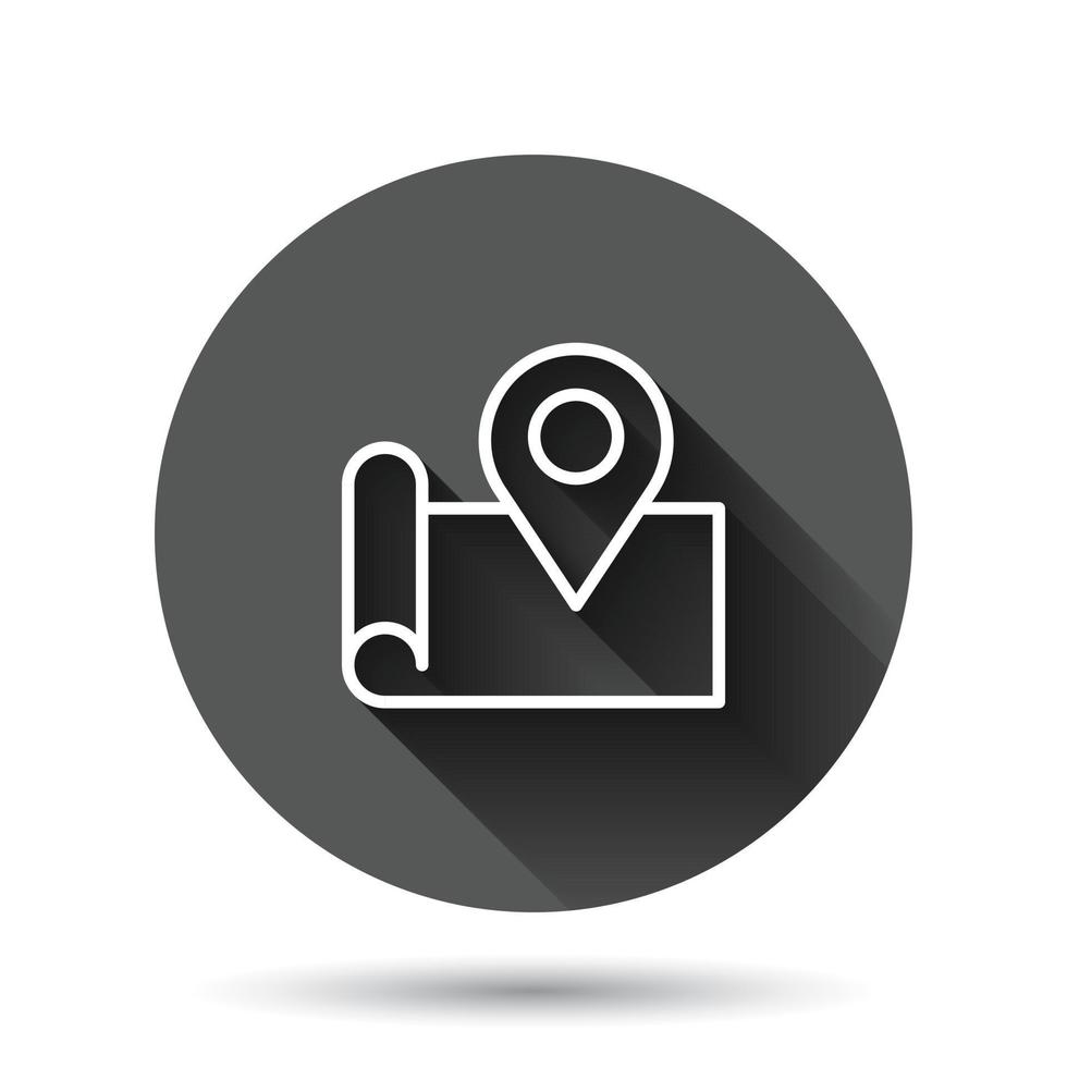 Map pin icon in flat style. gps navigation vector illustration on black round background with long shadow effect. Locate position circle button business concept.