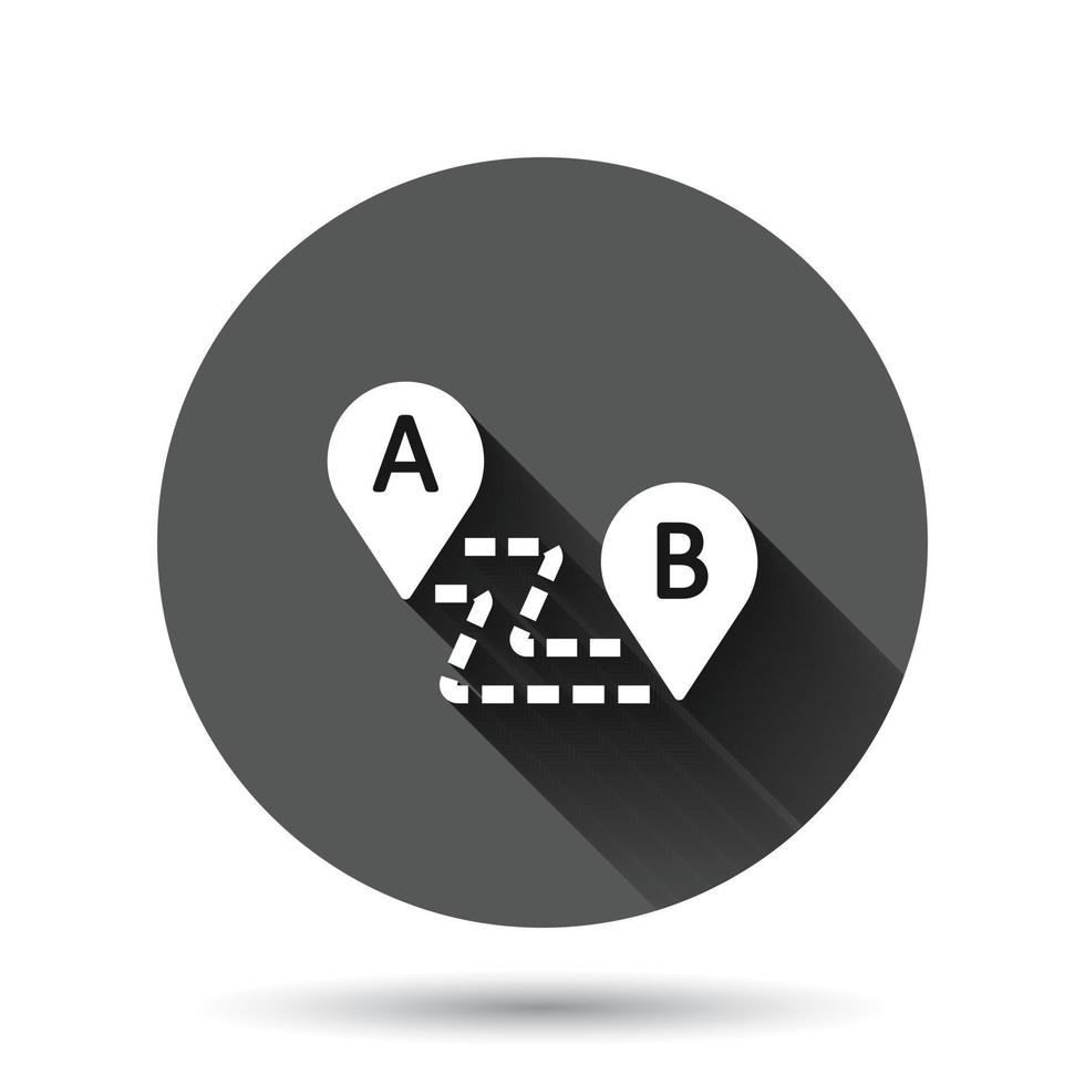 Map pin icon in flat style. GPS navigation vector illustration on black round background with long shadow effect. Locate position circle button business concept.