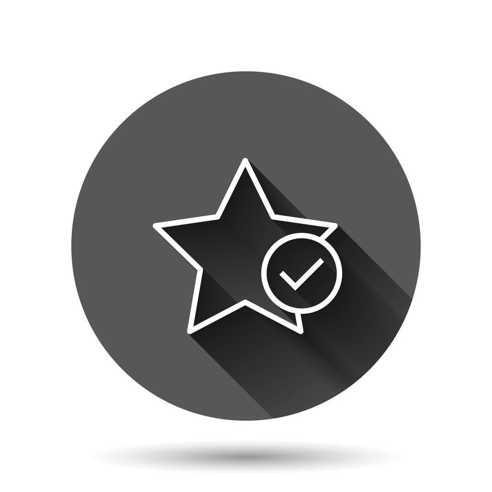 Check mark with star icon in flat style. Add to favorite vector illustration on black round background with long shadow effect. Bookmark circle button business concept.