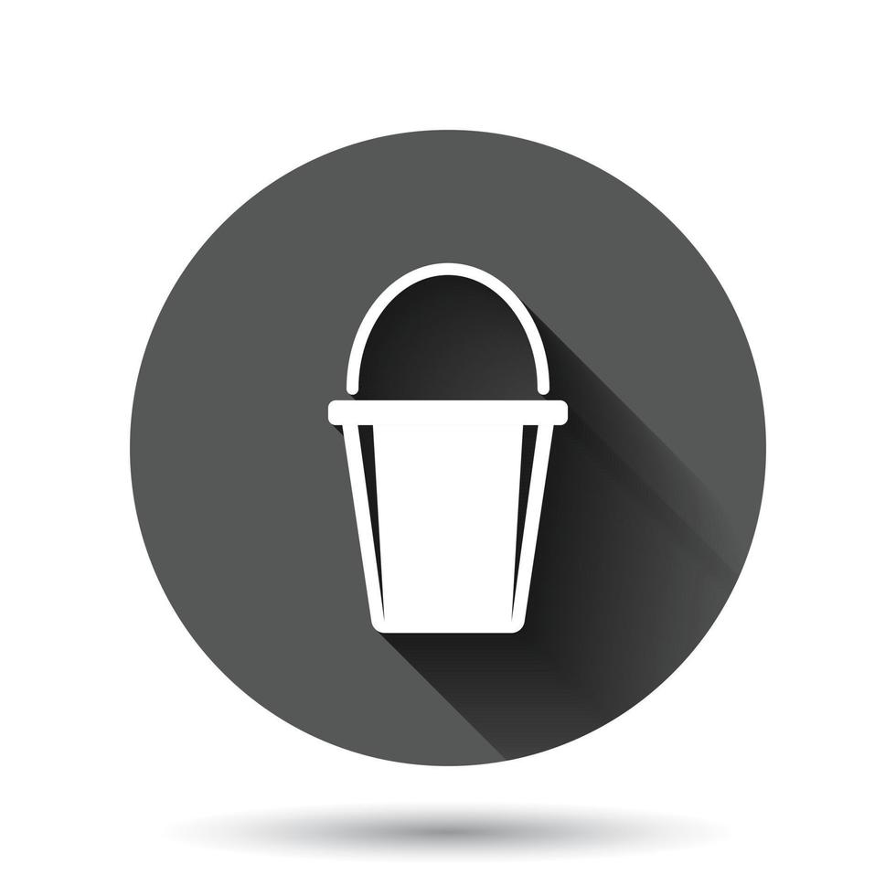 Bucket icon in flat style. Garbage pot vector illustration on black round background with long shadow effect. Pail circle button business concept.