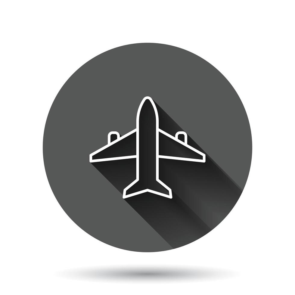 Plane icon in flat style. Airplane vector illustration on black round background with long shadow effect. Flight airliner circle button business concept.