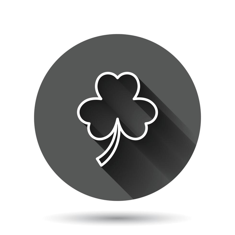 icono de trébol de cuatro hojas en estilo plano. ilustración vectorial del día de San Patricio sobre fondo redondo negro con efecto de sombra larga. concepto de negocio de botón de círculo de forma de flor. vector