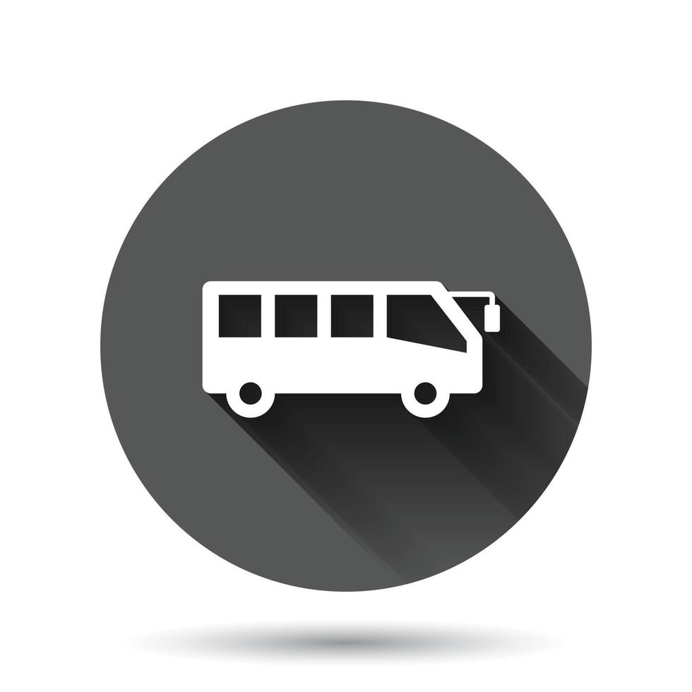 Bus icon in flat style. Coach vector illustration on black round background with long shadow effect. Autobus vehicle circle button business concept.