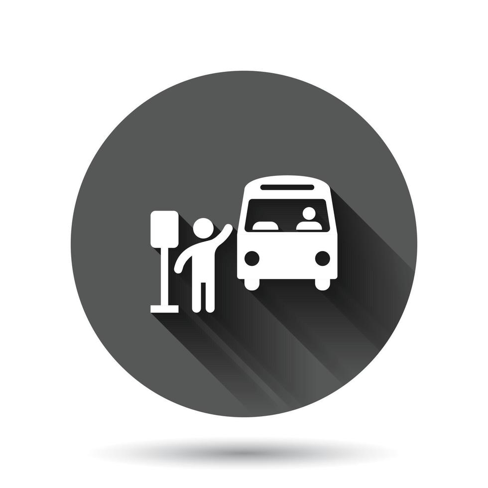 Bus station icon in flat style. Auto stop vector illustration on black round background with long shadow effect. Autobus vehicle circle button business concept.