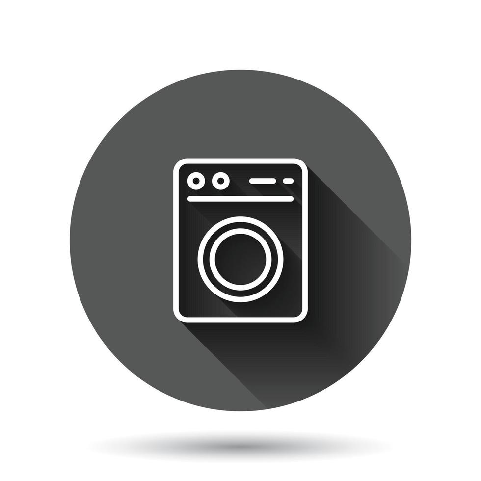 Washing machine icon in flat style. Washer vector illustration on black round background with long shadow effect. Laundry circle button business concept.