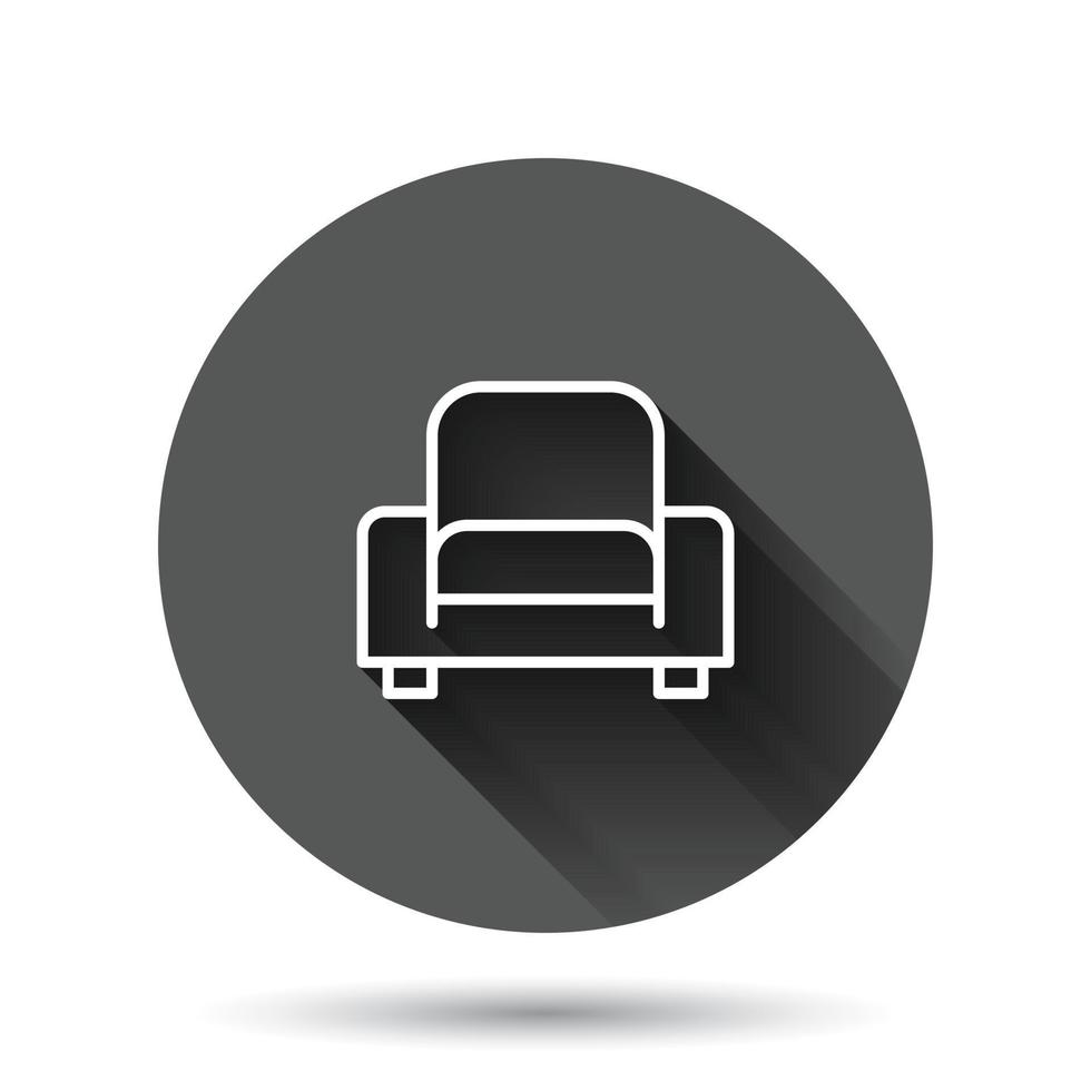 Cinema chair icon in flat style. Armchair vector illustration on black round background with long shadow effect. Theater seat circle button business concept.