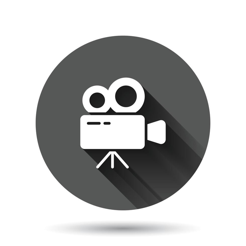 Projector icon in flat style. Cinema camera vector illustration on black round background with long shadow effect. Movie circle button business concept.