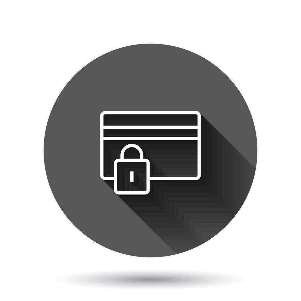 Credit card protection icon in flat style. Safe shopping vector illustration on black round background with long shadow effect. Commercial padlock circle button business concept.