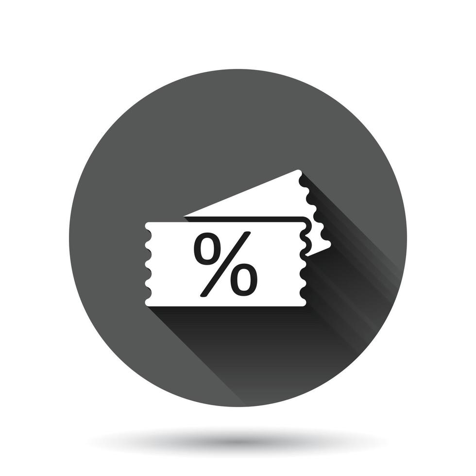 Price coupon icon in flat style. Discount tag sign vector illustration on black round background with long shadow effect. Sale sticker circle button business concept.