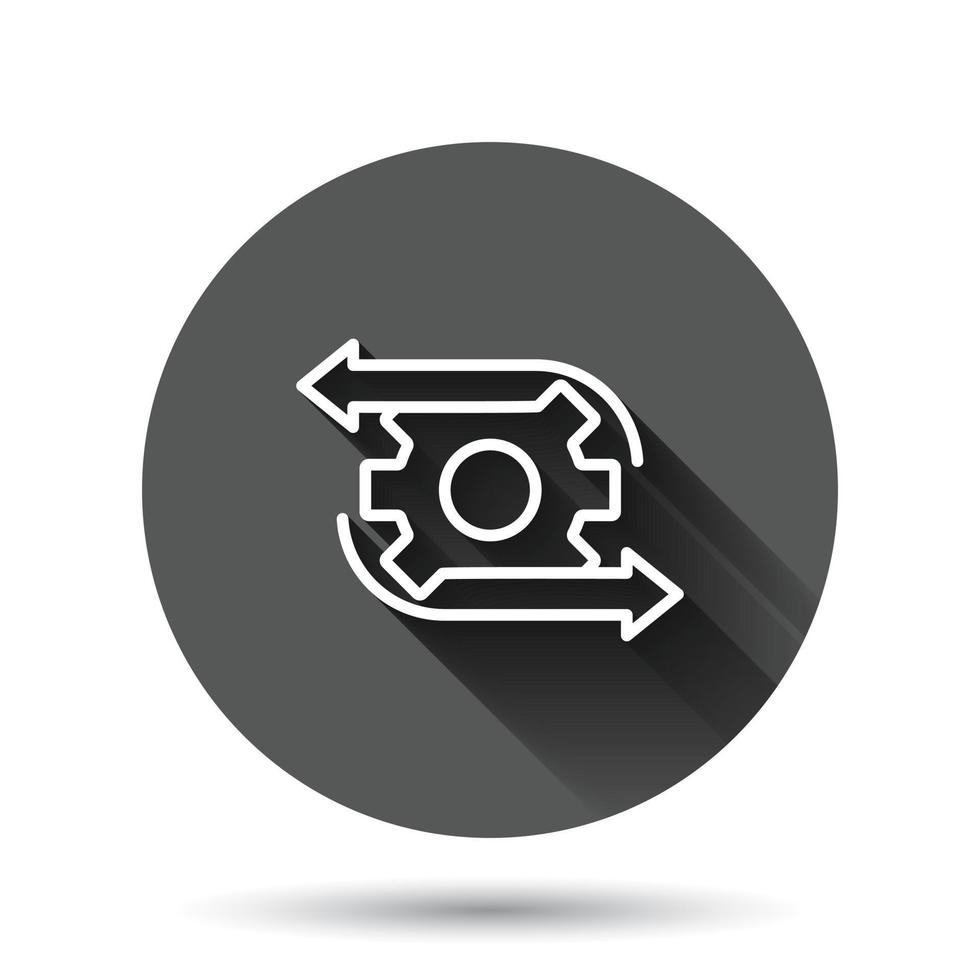 Workflow icon in flat style. Gear effective vector illustration on black round background with long shadow effect. Process organization circle button business concept.