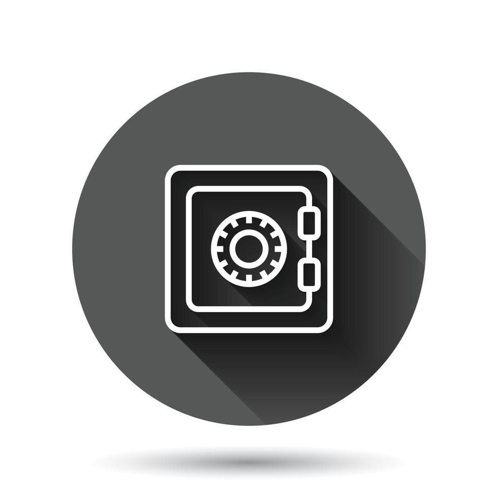 Safe money icon in flat style. Strongbox vector illustration on black round background with long shadow effect. Finance security circle button business concept.