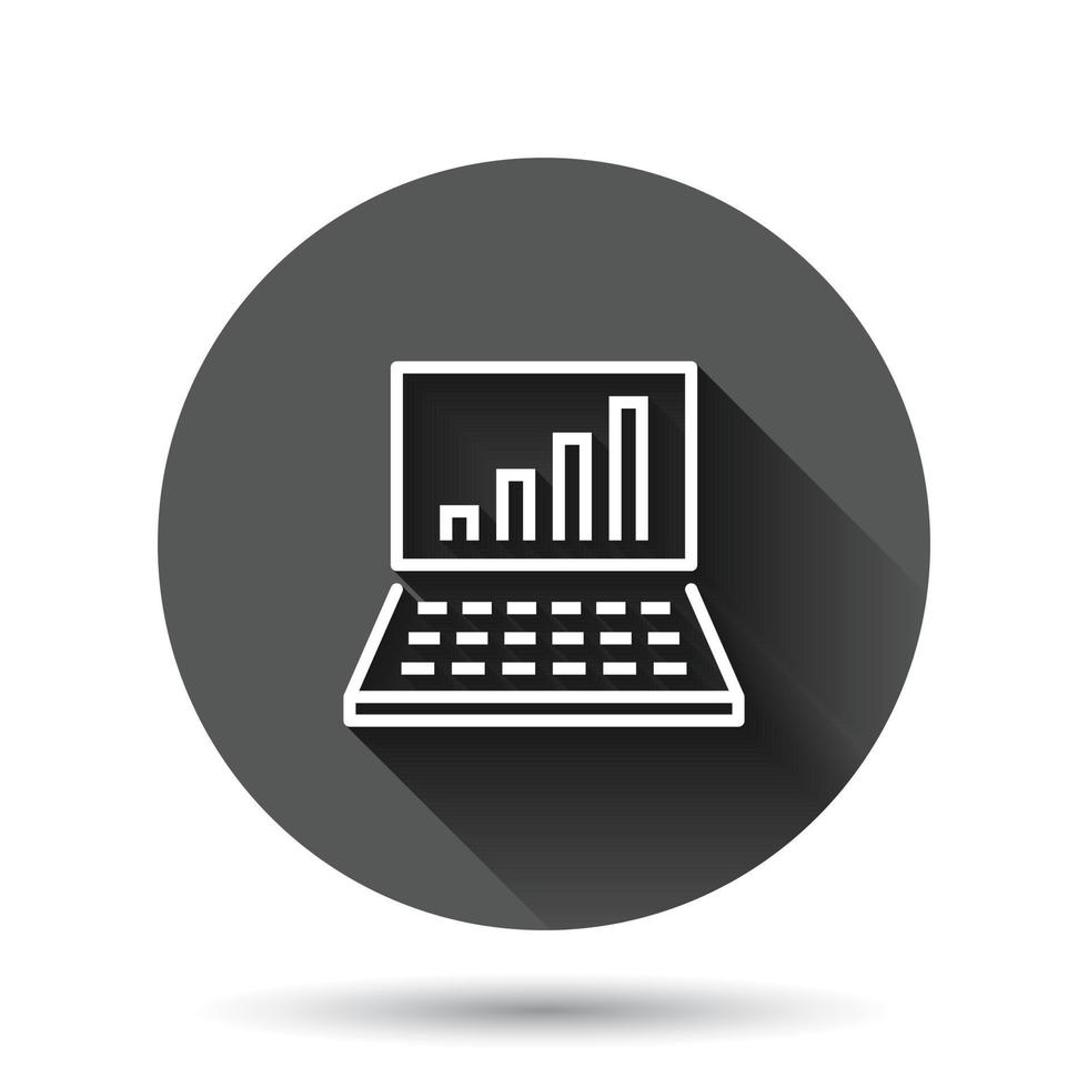 Laptop chart icon in flat style. SEO data vector illustration on black round background with long shadow effect. Computer diagram circle button business concept.