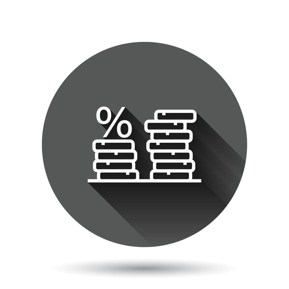 icono de pila de monedas en estilo plano. ilustración de vector de moneda de dólar sobre fondo redondo negro con efecto de sombra larga. concepto de negocio de botón de círculo apilado de dinero.