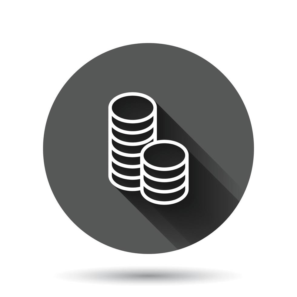 Coins stack icon in flat style. Dollar coin vector illustration on black round background with long shadow effect. Money stacked circle button business concept.